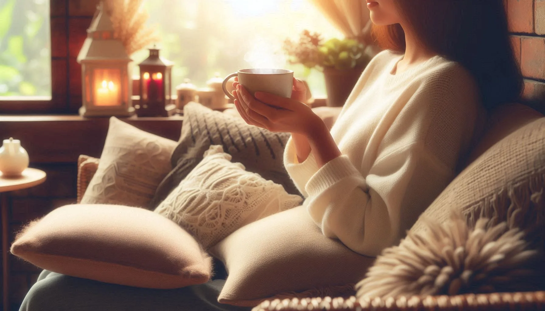 A woman relaxing on a cozy sofa, drinking tea