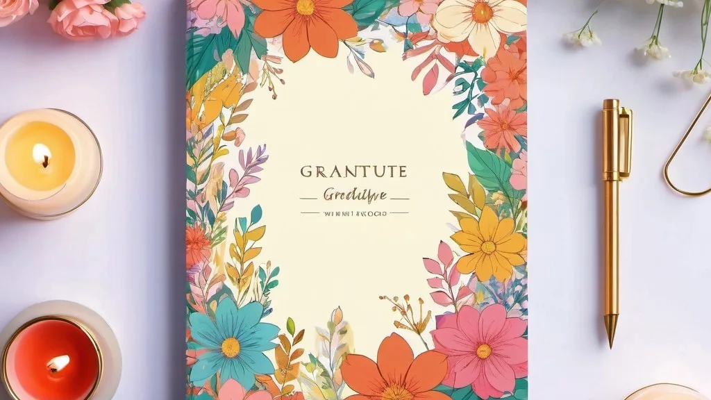 A beautifully designed diary or notebook with gratitude written on its pages, surrounded by warm elements like flowers or candles.