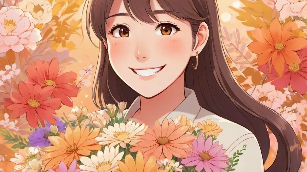 A woman holding a bouquet of flowers with a warm smile