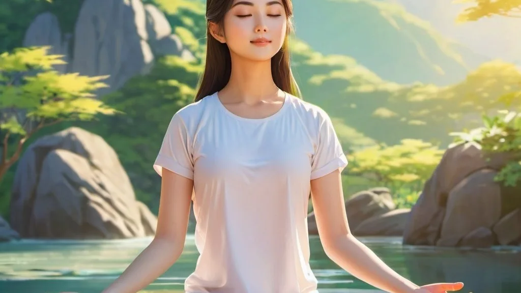 A woman meditating in a serene natural setting