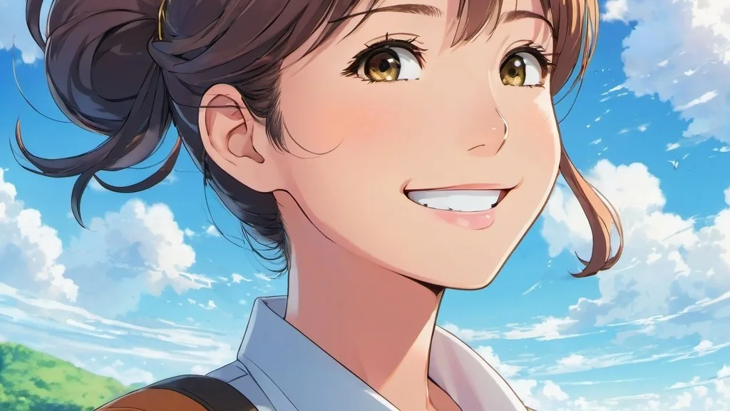 A woman smiling brightly while gazing into the distance towards a hopeful future.