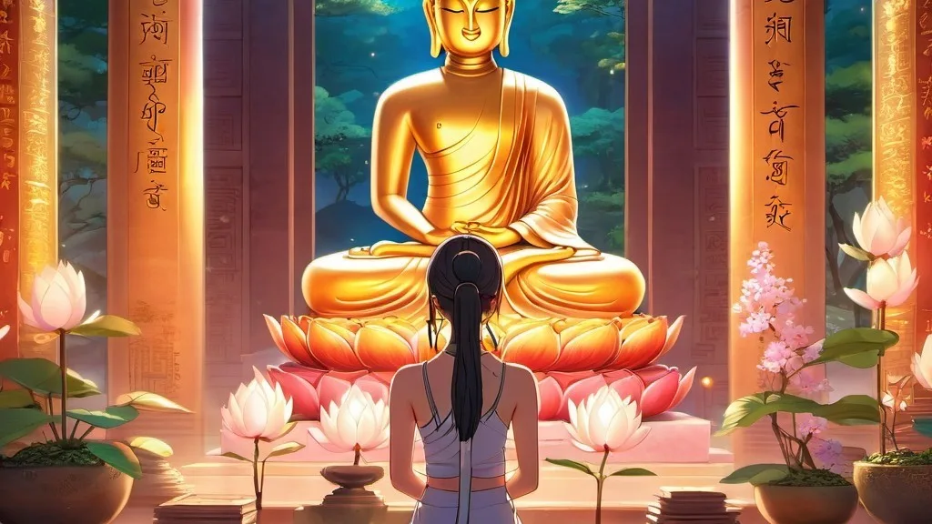 A woman reflecting in front of a Buddha statue