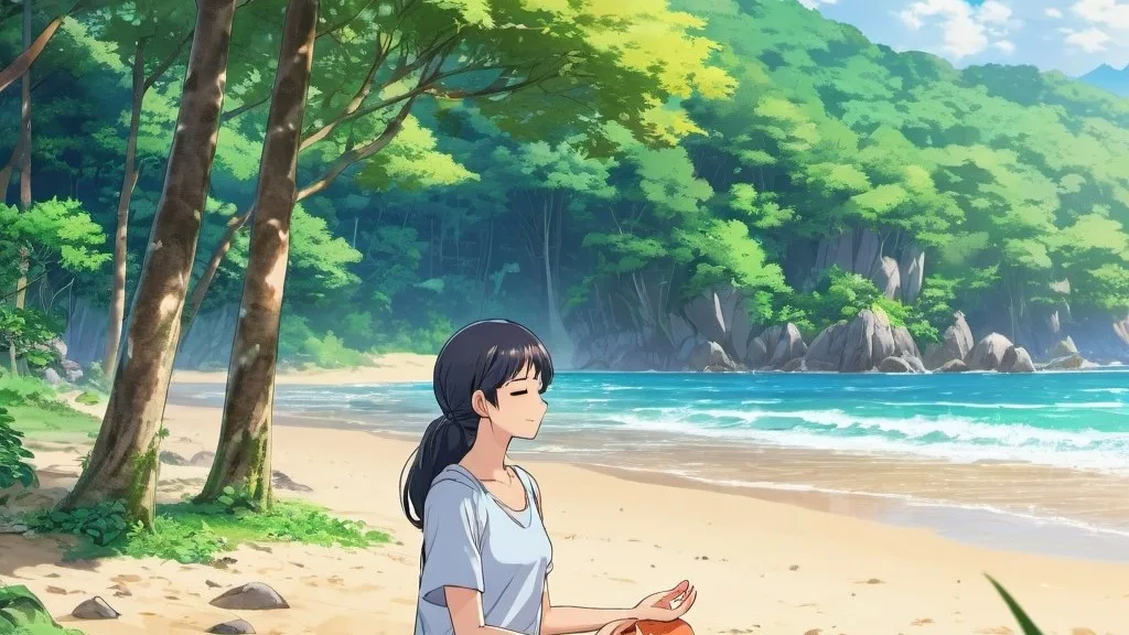 A woman relaxing in nature, such as meditating in a forest or enjoying a peaceful moment on a beach.