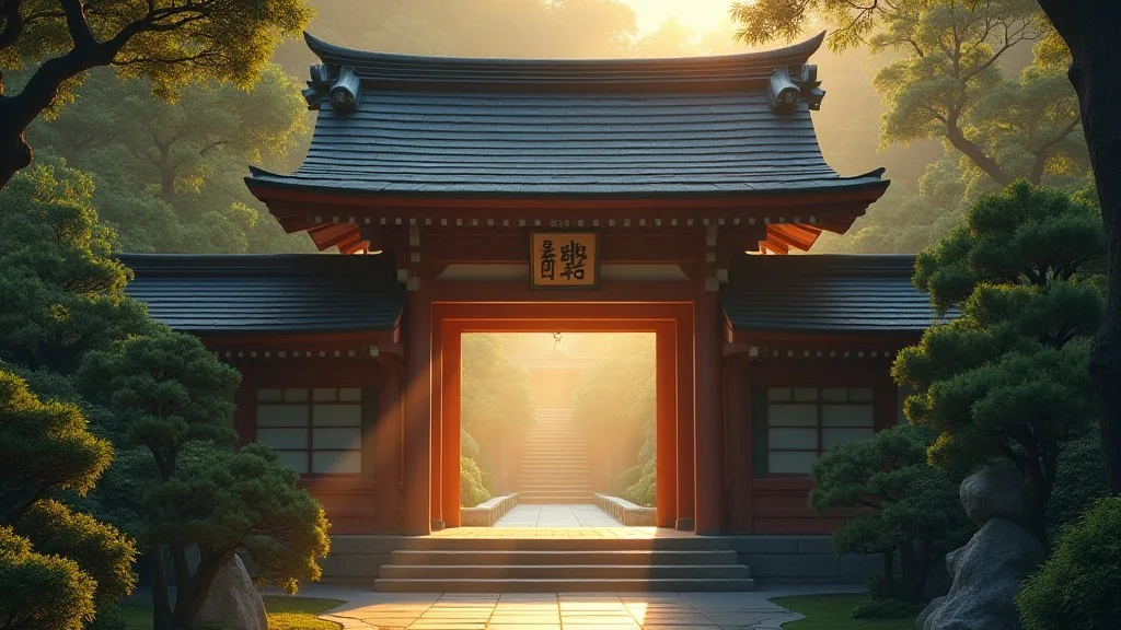 Serene Japanese shrine at sunrise