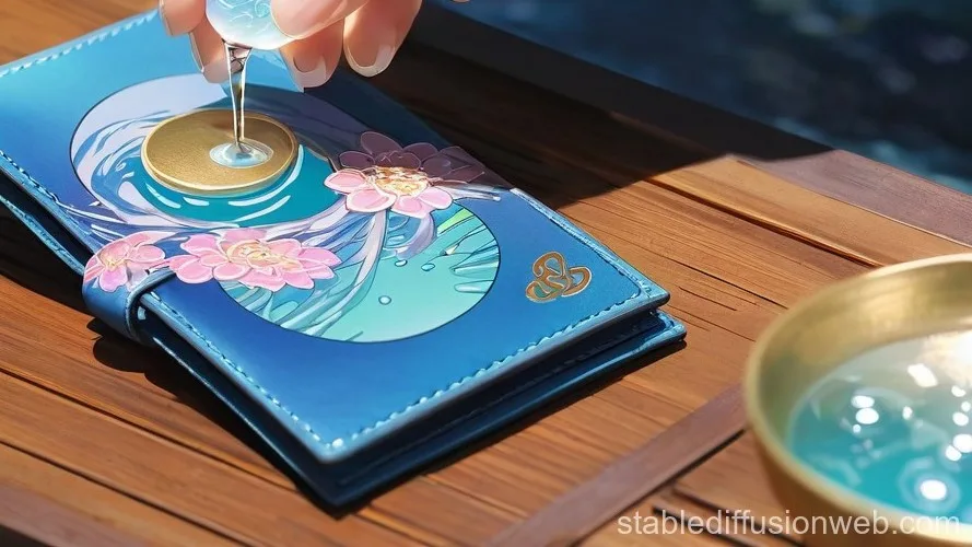 Placing a talisman into a wallet and pouring water next to it