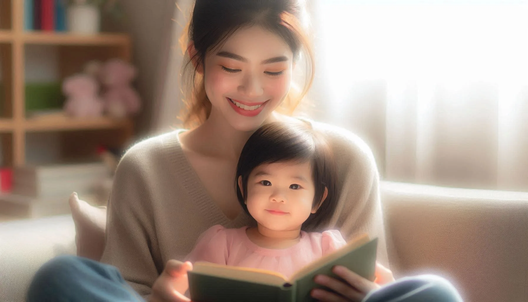 母と子が一緒に本を読んでいる様子