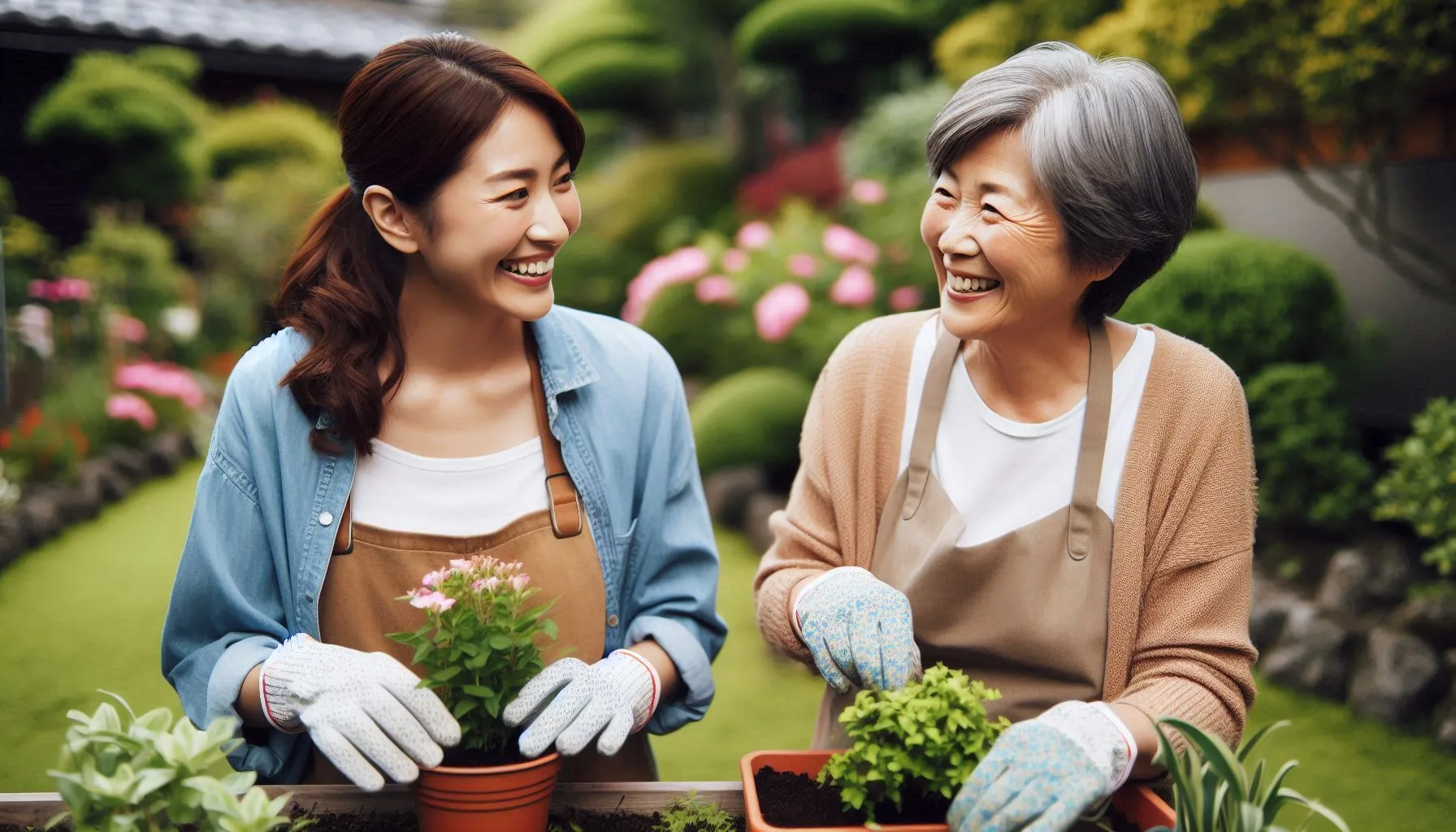 世代間で庭仕事をする様子