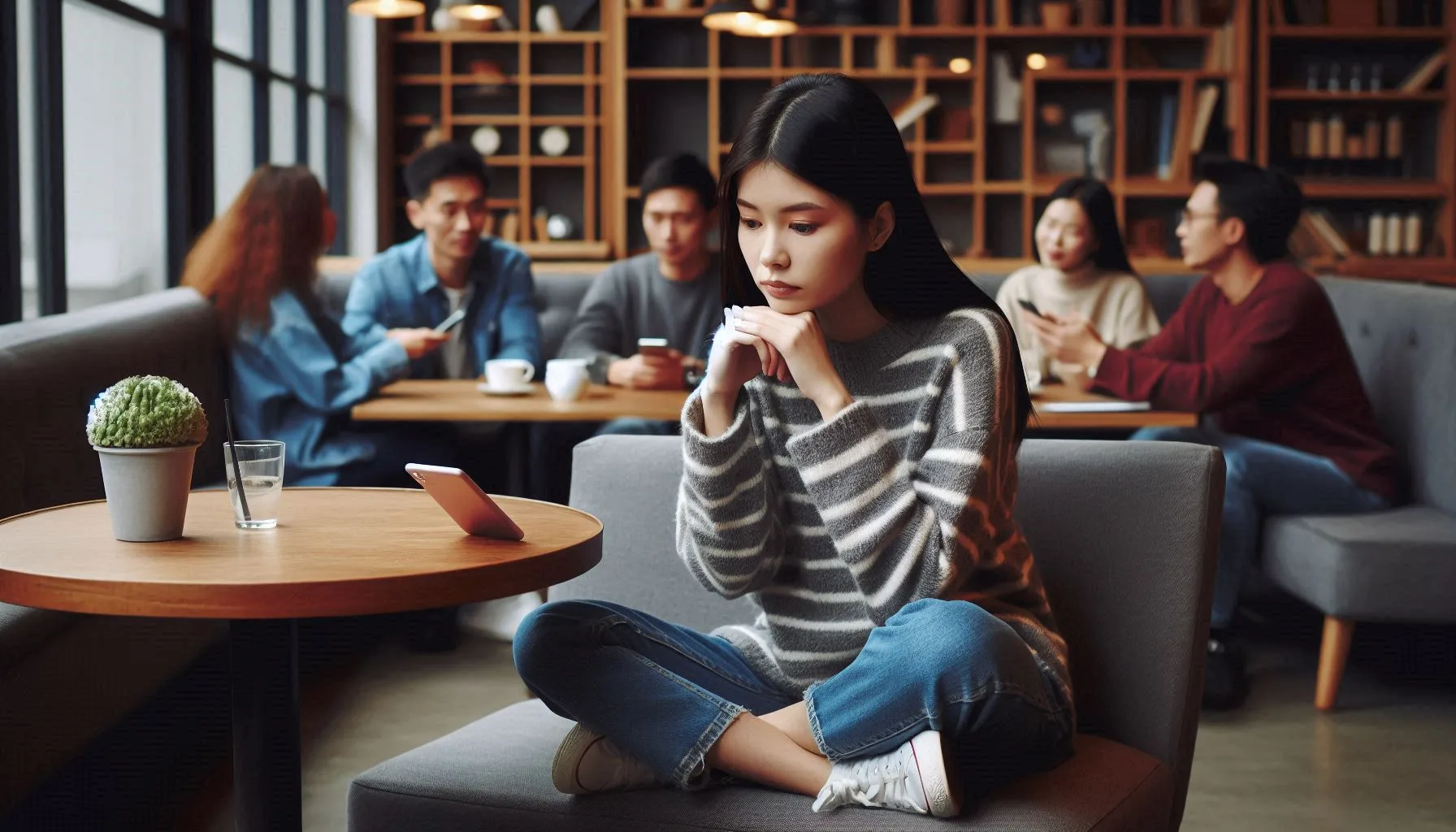 孤独な女性がカフェで過ごす様子