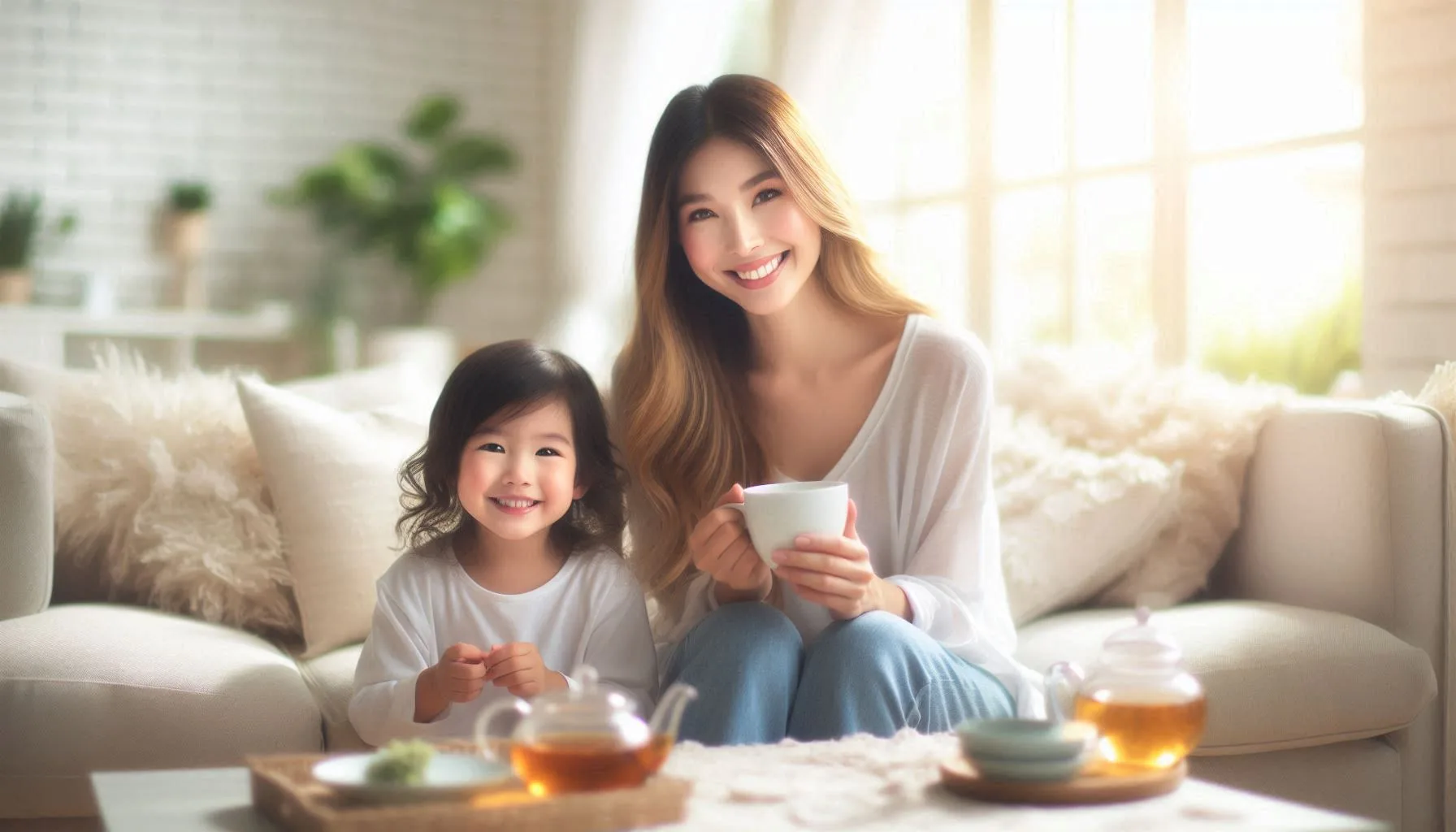 リフレッシュしてお茶を楽しむお母さんと子供