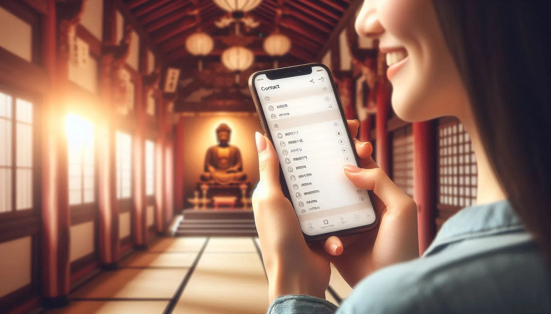 スマートフォンの連絡先と寺院の調和を表す画像